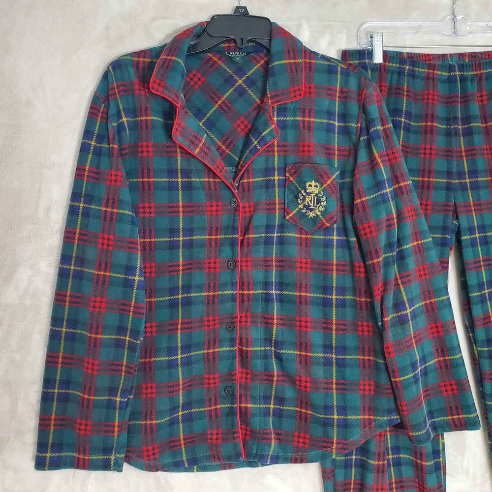 Lauren Ralph Lauren Womans M Green Plaid Fleece Pajama Set Crest Logo Christmas - Picture 2 of 11
